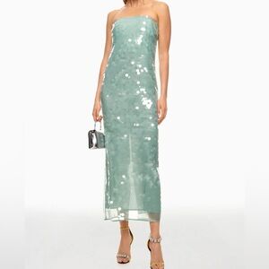 STAUD Sage Green Sequin Strapless Slip Dress